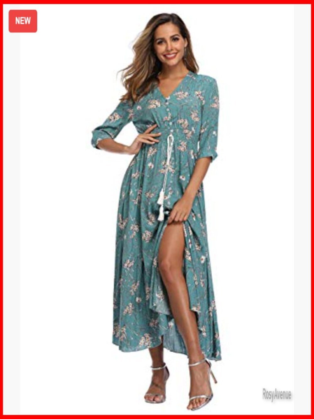 Floral Maxi Dress with Sleeves, Boho Beach Dress, Lightweight Rayon - Picture 2 of 7